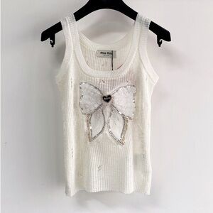 Miu Miu White Tank Top with Embellished Bow